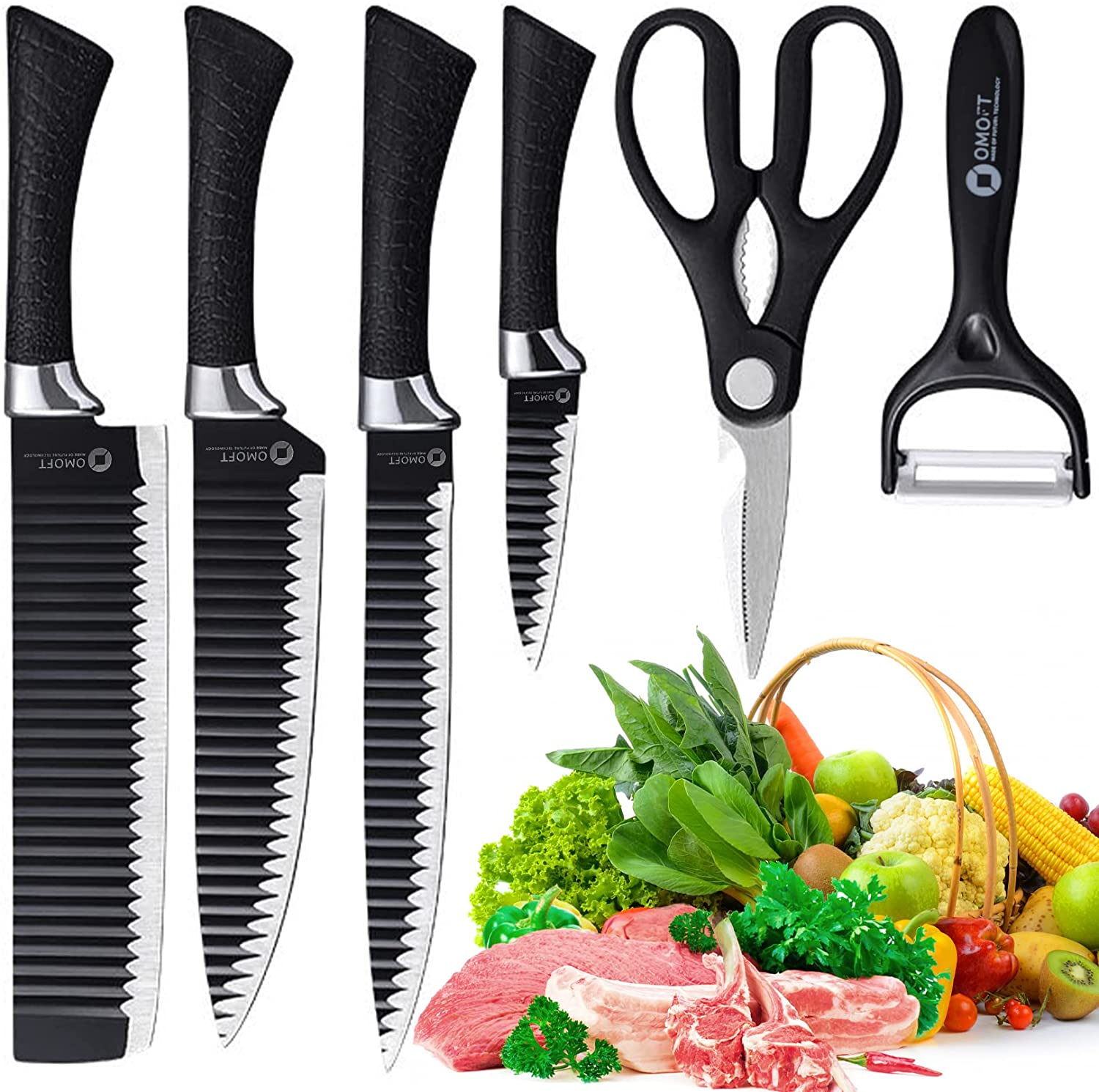 6 Pcs Kitchen Knife Knives Set Professional Sharp Stainless Steel Chef tools includes Steak small Cleaver Carving Knife Paring Knife Scissor German type Ceramic Peeler "meat cutter" butcher